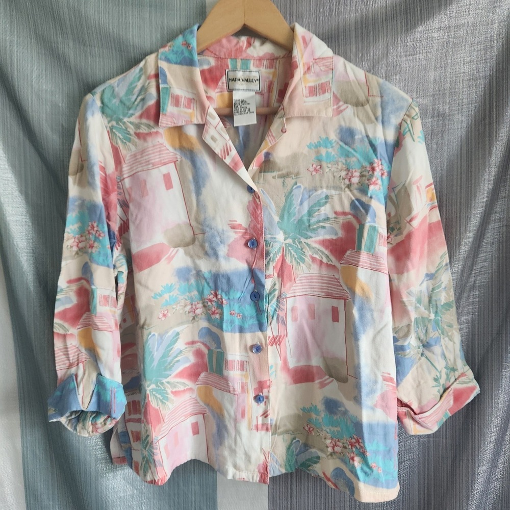 Napa Valley Vintage Tropical Palm Tree Resort Watercolor Print Shirt‎ M Cabana